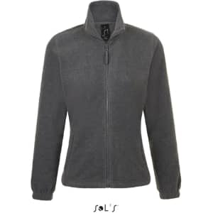 A women's zippered fleece top in grey with a high collar and long sleeves. Features a logo on the label.