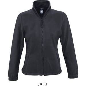 A women's black fleece top with a zippered front and a stand-up collar. It features a fitted design.