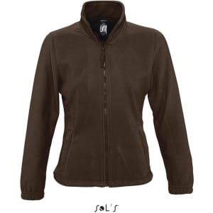 A women's zippered fleece top in a rich brown colour, featuring a high collar and fitted design. Includes a logo.