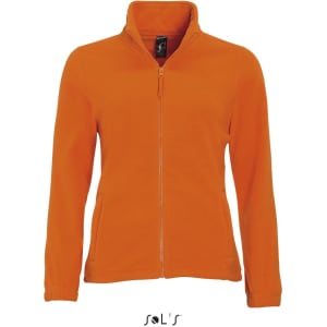 A women's zippered fleece top in bright orange, featuring a high collar and a fitted design. The product has a logo.