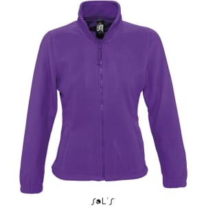 A women's zippered fleece top in purple with a high collar and elasticated cuffs, featuring a logo.