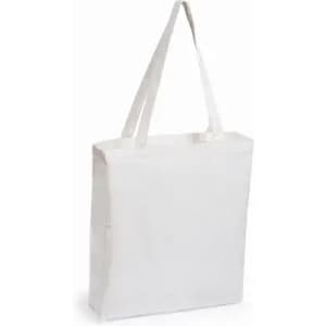 A white tote bag with two handles, featuring a spacious design and a blank surface.