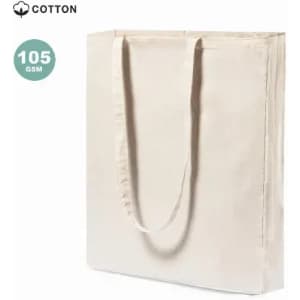 A plain cream-coloured cotton tote bag with long handles and a simple design. It features a branding logo.