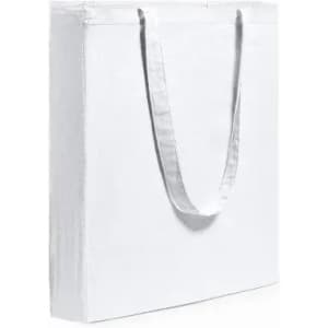 A white tote bag with long handles, featuring a sturdy rectangular shape and textured fabric.