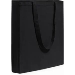 A black tote bag with sturdy handles and a simple design, ideal for carrying various items.