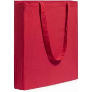 A red tote bag with long handles, featuring a plain design and no visible logos or text.