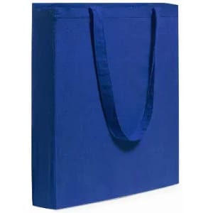 A blue tote bag with sturdy handles and a simple, rectangular design.