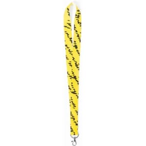 A lanyard in bright yellow with a black abstract pattern, featuring a metal clip for attachment.