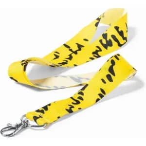 A lanyard in bright yellow with black abstract patterns, featuring a metal clip at one end.