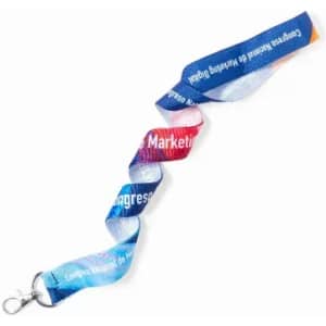 A lanyard with a vibrant, multi-coloured design, featuring a clip for attaching items. It has branding visible.