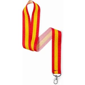 A lanyard featuring red and yellow stripes, with a clip at the end for attaching items.