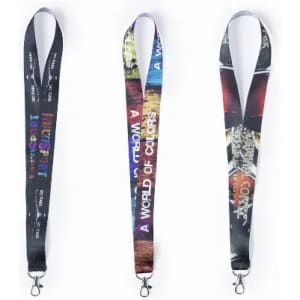 Three colourful lanyards with various designs, featuring a mix of vibrant patterns and text. Each has a metal clip.