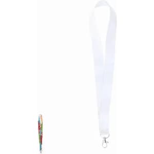 A white lanyard with a clip, beside a colourful patterned lanyard. Both are designed for carrying items.
