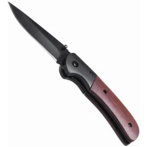 A folding knife with a black blade and a wooden handle, featuring a silver accent on the metal.
