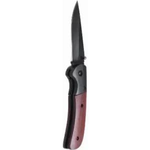 A folding knife with a black blade and a wooden handle. It features a sleek design and a safety lock.