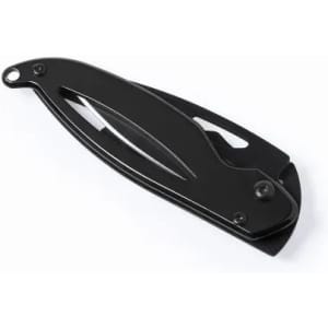 A folding knife with a sleek black design, featuring a sturdy blade and a safety lock mechanism.
