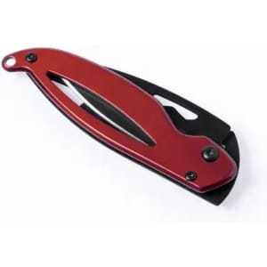 A folding knife with a red handle and black blade, featuring a sleek design and a logo on the handle.