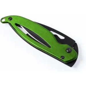 A folding knife with a sleek green handle and a black blade, featuring a logo on the handle.