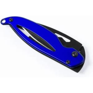 A folding knife with a blue and black handle, featuring a sleek design and a secure locking mechanism.