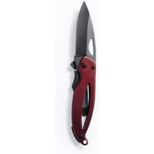 A folding knife with a black blade and a red handle, featuring a logo on the handle.