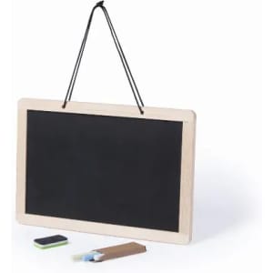 A chalkboard with a wooden frame, hanging from a string, accompanied by chalk and an eraser.