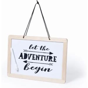 A wooden-framed whiteboard with a black design and a hanging cord, featuring the words "let the ADVENTURE begin."
