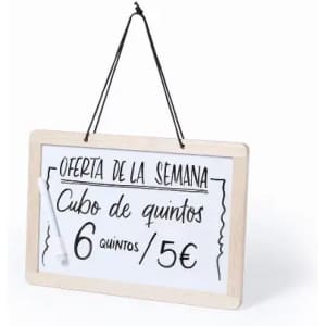 A wooden-framed signboard in white with black writing. It has a small string for hanging.
