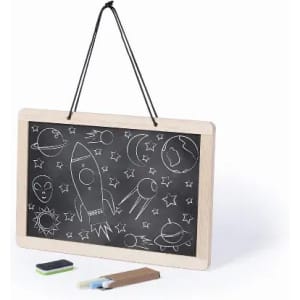 A chalkboard with a wooden frame, featuring drawings of planets, rockets, and stars. Includes chalk and an eraser.