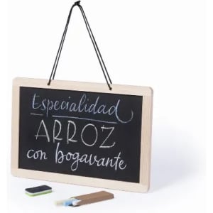 A chalkboard sign with a wooden frame displaying handwritten text, alongside chalk pieces and an eraser.