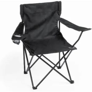 A folding chair in black fabric with a cup holder and black metal frame. Suitable for outdoor use.