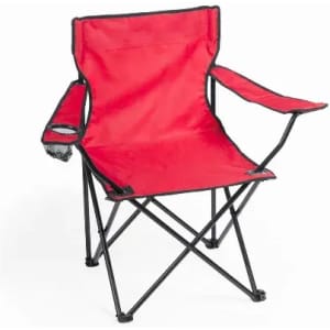 A red folding camp chair with black accents and armrests. The chair features a mesh cup holder.