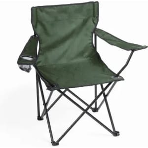 A green folding camping chair with a black metal frame and supportive armrests. It features a drink holder.