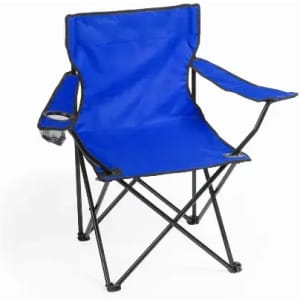 A folding chair in vibrant blue with black metal framing and armrests, featuring a cup holder on one side.
