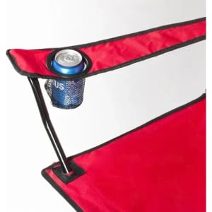 A red camping chair with a black frame and a mesh cup holder designed to hold a beverage can.