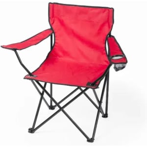 A folding camping chair in bright red with black trim and a side pocket. It has a lightweight metal frame.