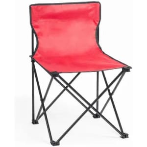 A folding chair with a red seat and black metal frame, designed for portable use.