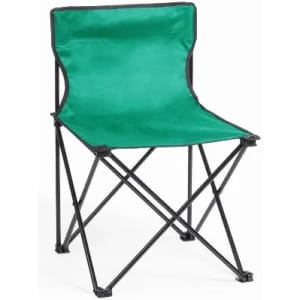 A folding chair with a green fabric seat and a black metal frame. It features a simple and portable design.