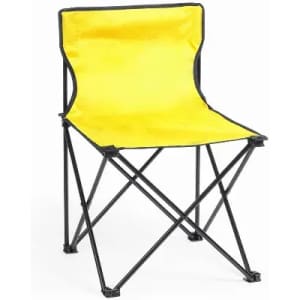 A folding chair with a bright yellow seat and black metal frame. Suitable for outdoor use.