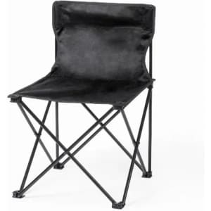 A folding chair with a black fabric seat and black metal frame, featuring an X-shaped base for stability.