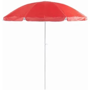 A beach umbrella in bright red with a white pole and a round shape, perfect for outdoor use.