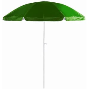 A green beach umbrella with a white pole, designed for outdoor use. It features a circular canopy shape.