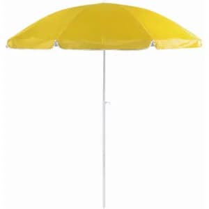 A yellow beach umbrella with a white pole, designed for sun protection. It features a classic, rounded shape.