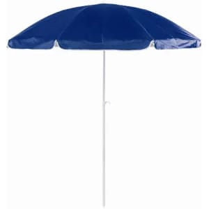 A beach umbrella with a navy blue canopy and a white pole. The umbrella features six panels.