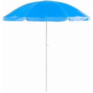 A blue beach umbrella with a white pole, featuring a rounded canopy design.