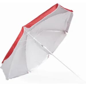 A beach umbrella in white and red, featuring a sturdy pole and a classic canopy design.
