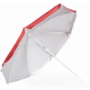 A beach umbrella in grey with a red underside, featuring a sturdy pole and a curved design.