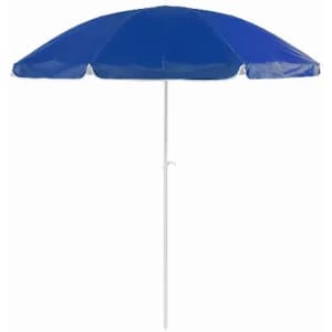 A beach umbrella in blue with a white pole, featuring a simple round shape and a sturdy design.