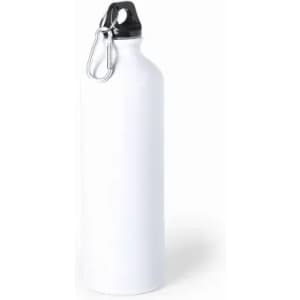 A drink bottle in white with a black lid and a clip. The bottle features a smooth, sleek design and an attached carabiner.
