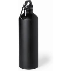 A drink bottle in matte black with a loop for attachment and a sleek, minimalist design.