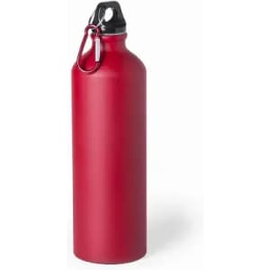 A drink bottle in bright red with a black cap and a metal clip, featuring a sleek design.